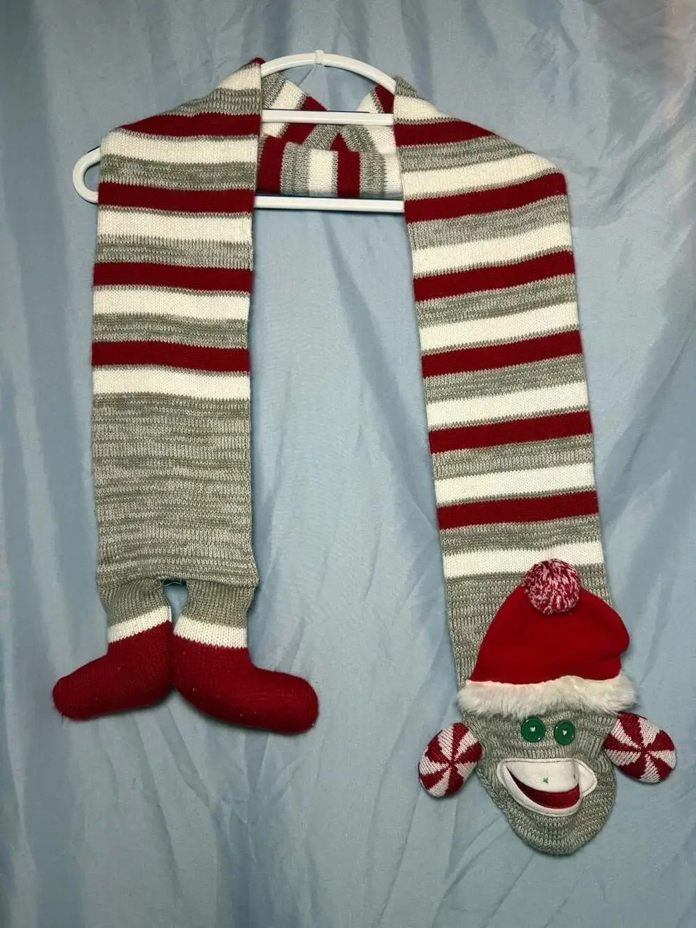 Christmas Sock Monkey Striped Scarf with Santa Hat and Feet Accents